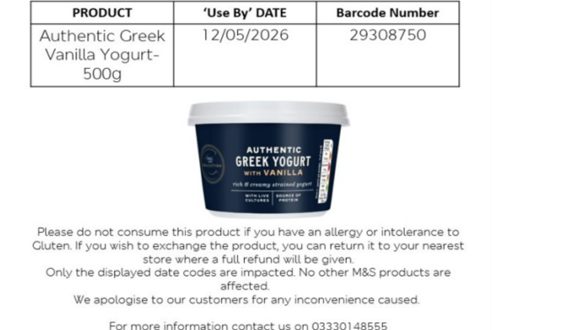 Recall of Authentic Greek Yoghurt with Vanilla